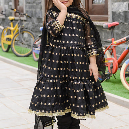Stunning Black Ethnic Dress for Girls with Gold Embroidery and Dupatta Ready to Wear (FFG - 001)