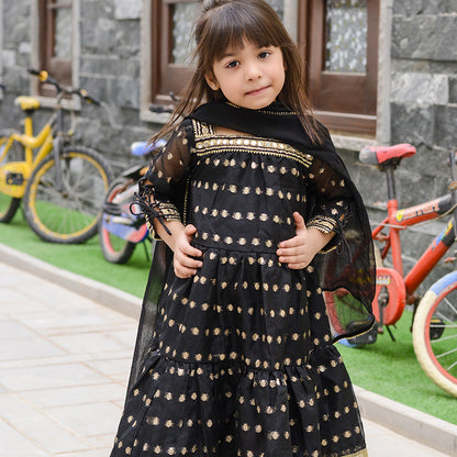 Stunning Black Ethnic Dress for Girls with Gold Embroidery and Dupatta Ready to Wear (FFG - 001)