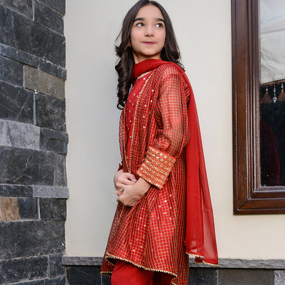 4 Pc Red Ready-to-Wear Red Festive Suit for Girls with Embellished Silk Dupatta (FFG-002)
