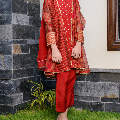 4 Pc Red Ready-to-Wear Red Festive Suit for Girls with Embellished Silk Dupatta (FFG-002)