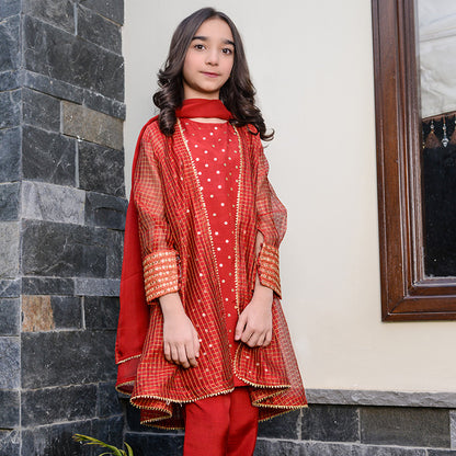 4 Pc Red Ready-to-Wear Red Festive Suit for Girls with Embellished Silk Dupatta (FFG-002)