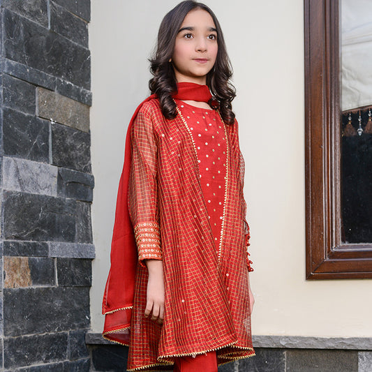 4 Pc Red Ready-to-Wear Red Festive Suit for Girls with Embellished Silk Dupatta (FFG-002)