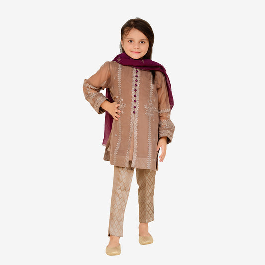 Embroidered Brown chiffon shirt with screen printed dupatta and Jamawar Pants