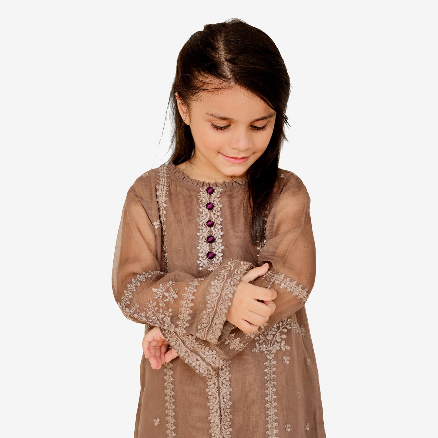 Embroidered Brown chiffon shirt with screen printed dopatta