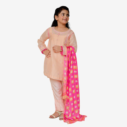 Peach Embriodred Khaddi Net Shirt with Charmuse Silk Digitally Printed Duppata and Rawsilk Trouser 3 pcs