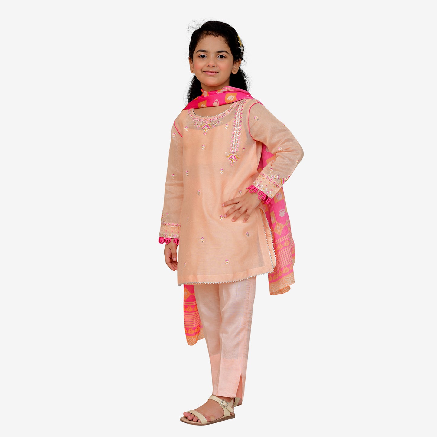 Peach Embriodred Khaddi Net Shirt with Charmuse Silk Digitally Printed Duppata and Rawsilk Trouser 3 pcs