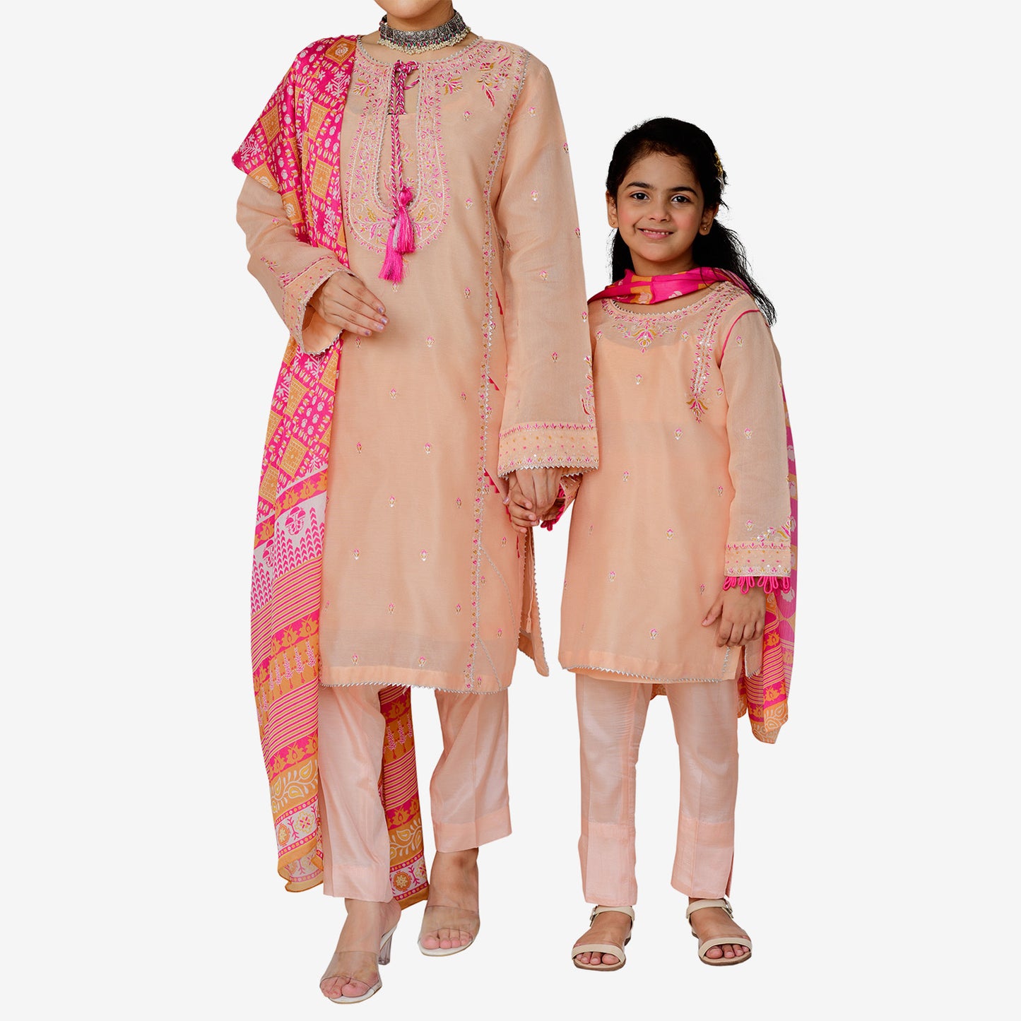 Embriodred Khaddi Net Shirt with Charmuse Silk Digitally Printed Duppata and Rawsilk Trouser