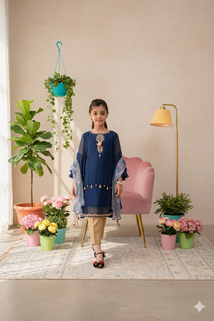 Embroidered Blue Chiffon (FFG-025)