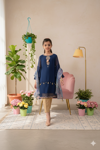 Embroidered Blue Chiffon (FFG-025)