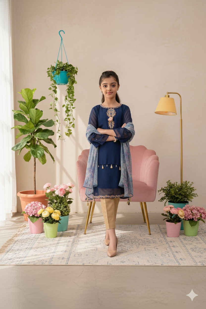 Embroidered Blue Chiffon (FFG-025)