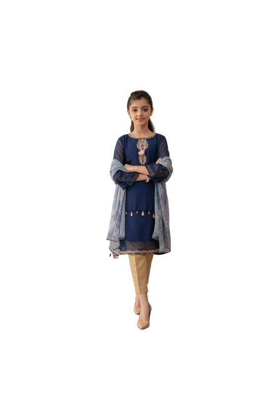 Embroidered Blue Chiffon (FFG-025)