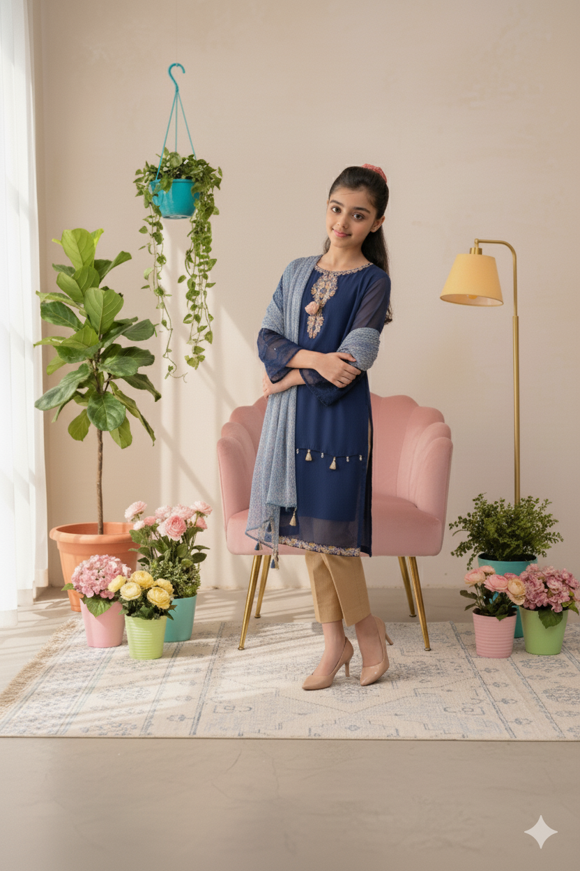 Embroidered Blue Chiffon (FFG-025)