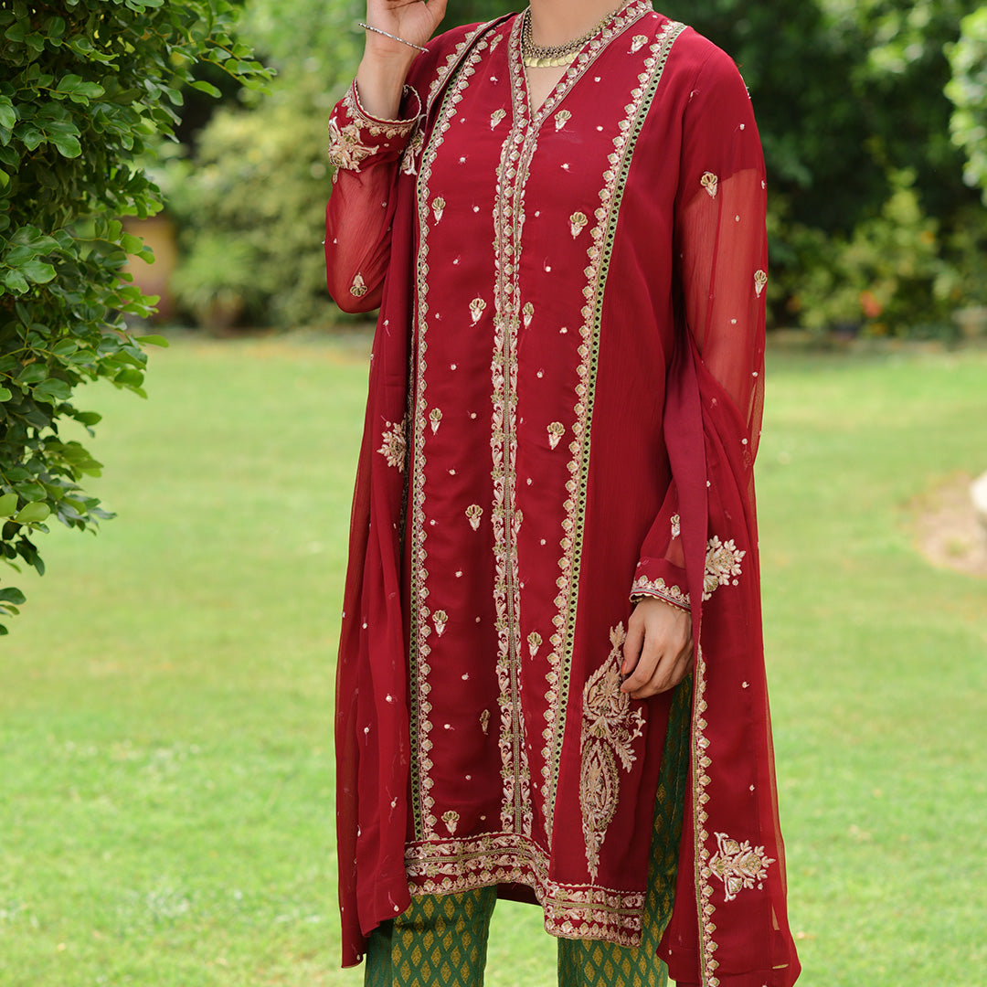 Maroon Embroidered Chiffon Outfit with Matha Patti and Jamawar Trousers