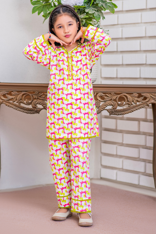 Off white with Hot Pink and Parrot Green Patterns (FCG-093)