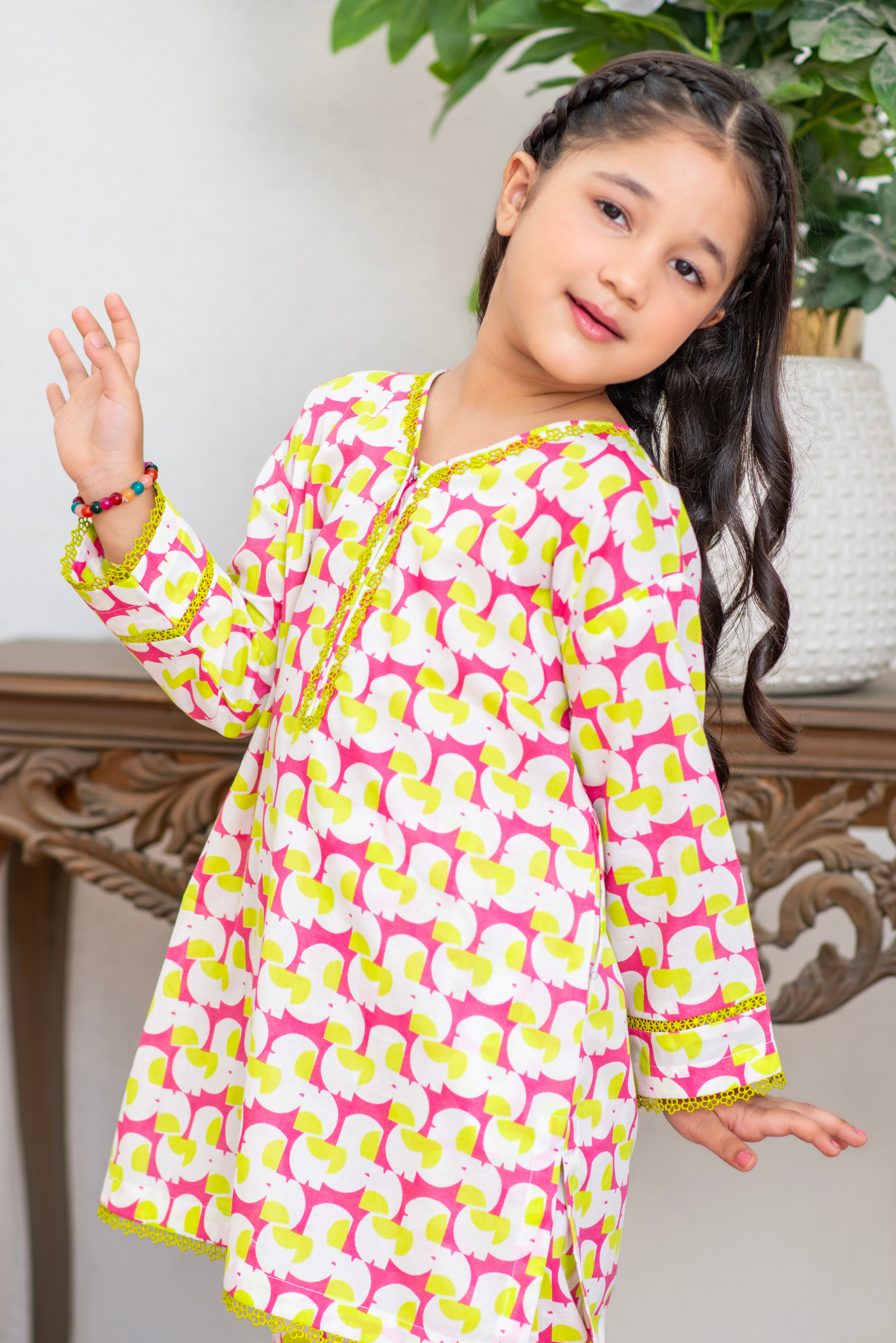 Off white with Hot Pink and Parrot Green Patterns (FCG-093)