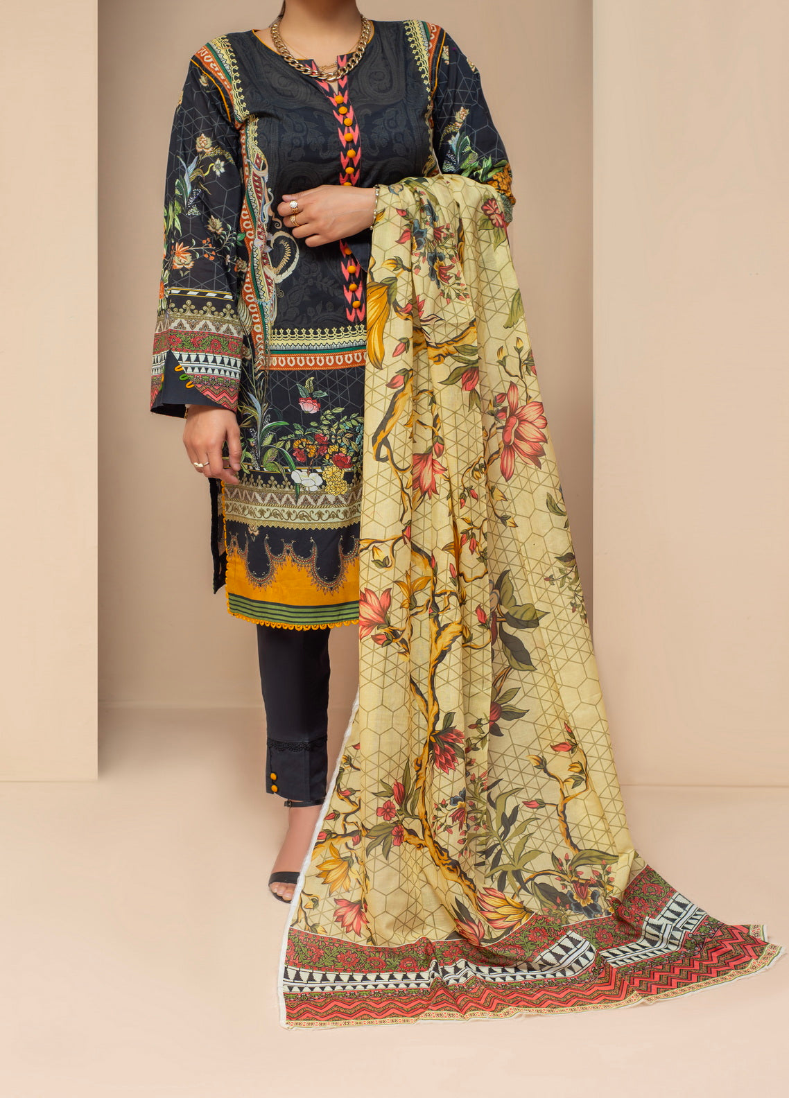 2 Pc Black Yellow Printed Lawn Suit for Women with trousers