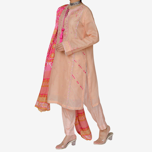 Embriodred Khaddi Net Shirt with Charmuse Silk Digitally Printed Duppata and Rawsilk Trouser