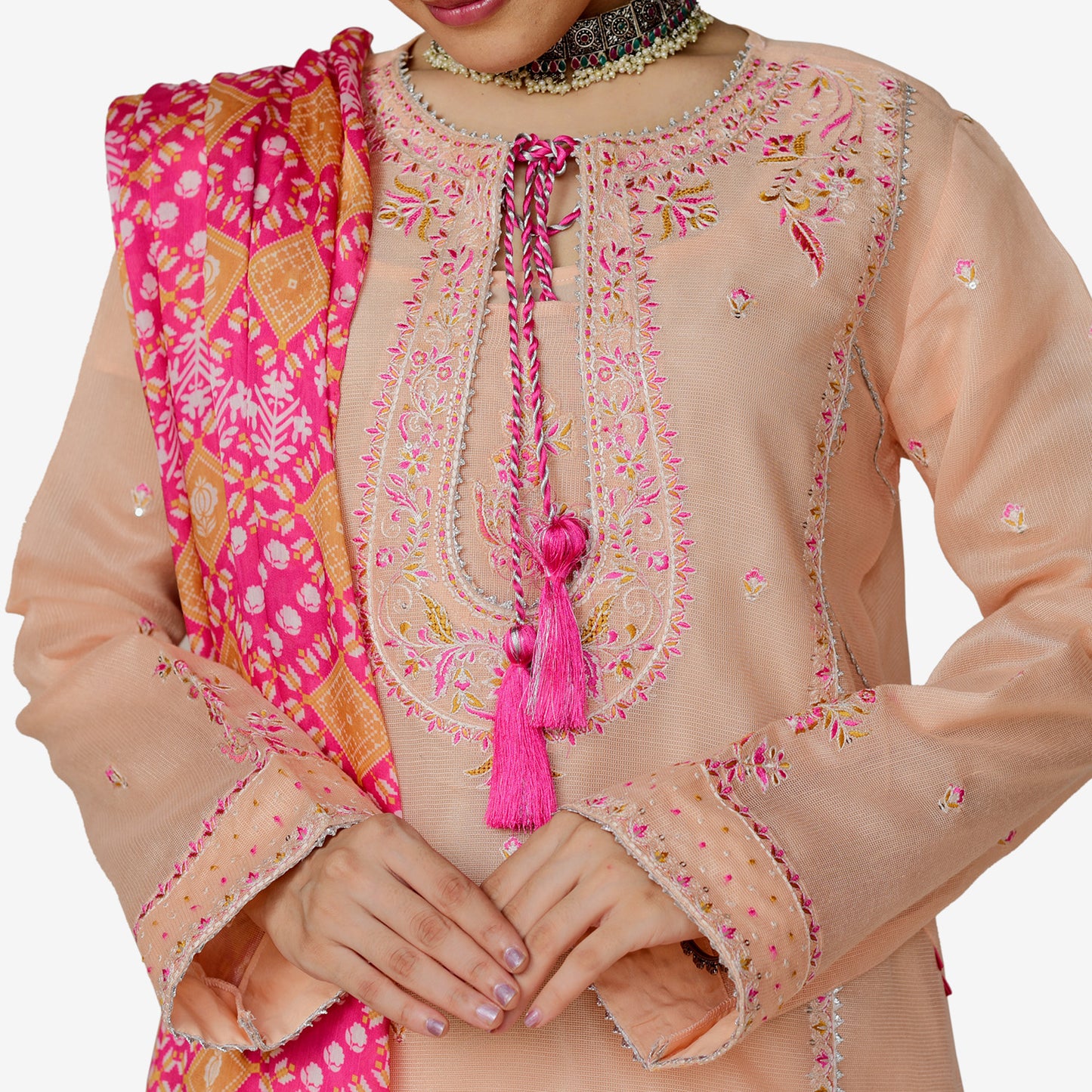 Embriodred Khaddi Net Shirt with Charmuse Silk Digitally Printed Duppata and Rawsilk Trouser