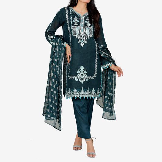 Teal Green Khaddi Net with Jacquard Chiffon Dupatta
