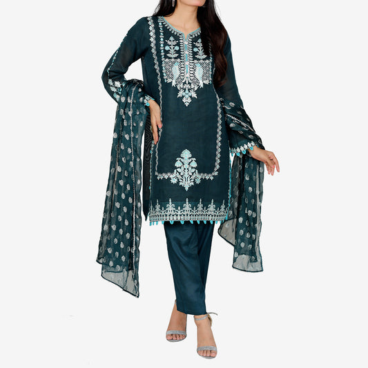 Smart - Fit Teal Green Khaddi Net with Jacquard Chiffon Dupatta