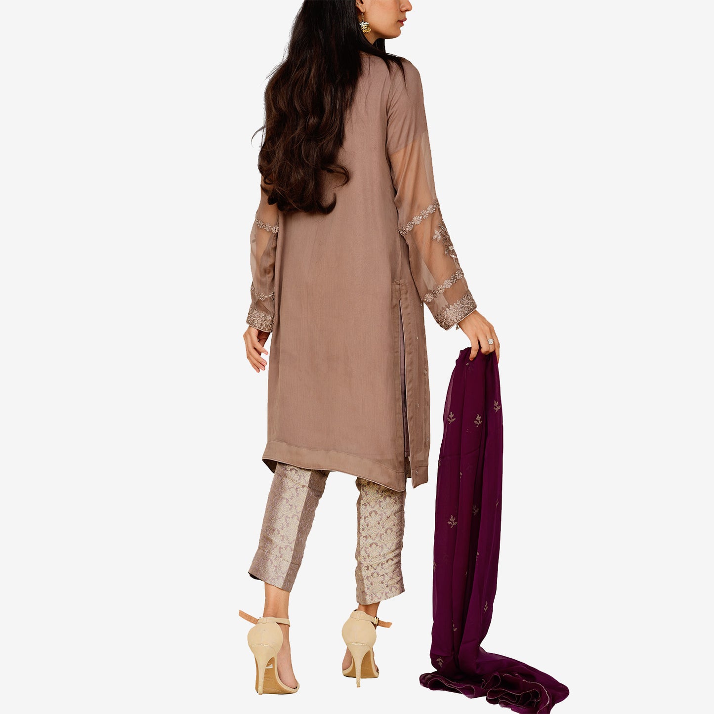 Embroidered Brown Chiffon Shirt with Contrast Screen Printed Dopatta and Jamawar Shalwar