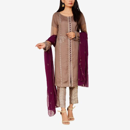 Embroidered Brown Chiffon Shirt with Contrast Screen Printed Dopatta and Jamawar Shalwar
