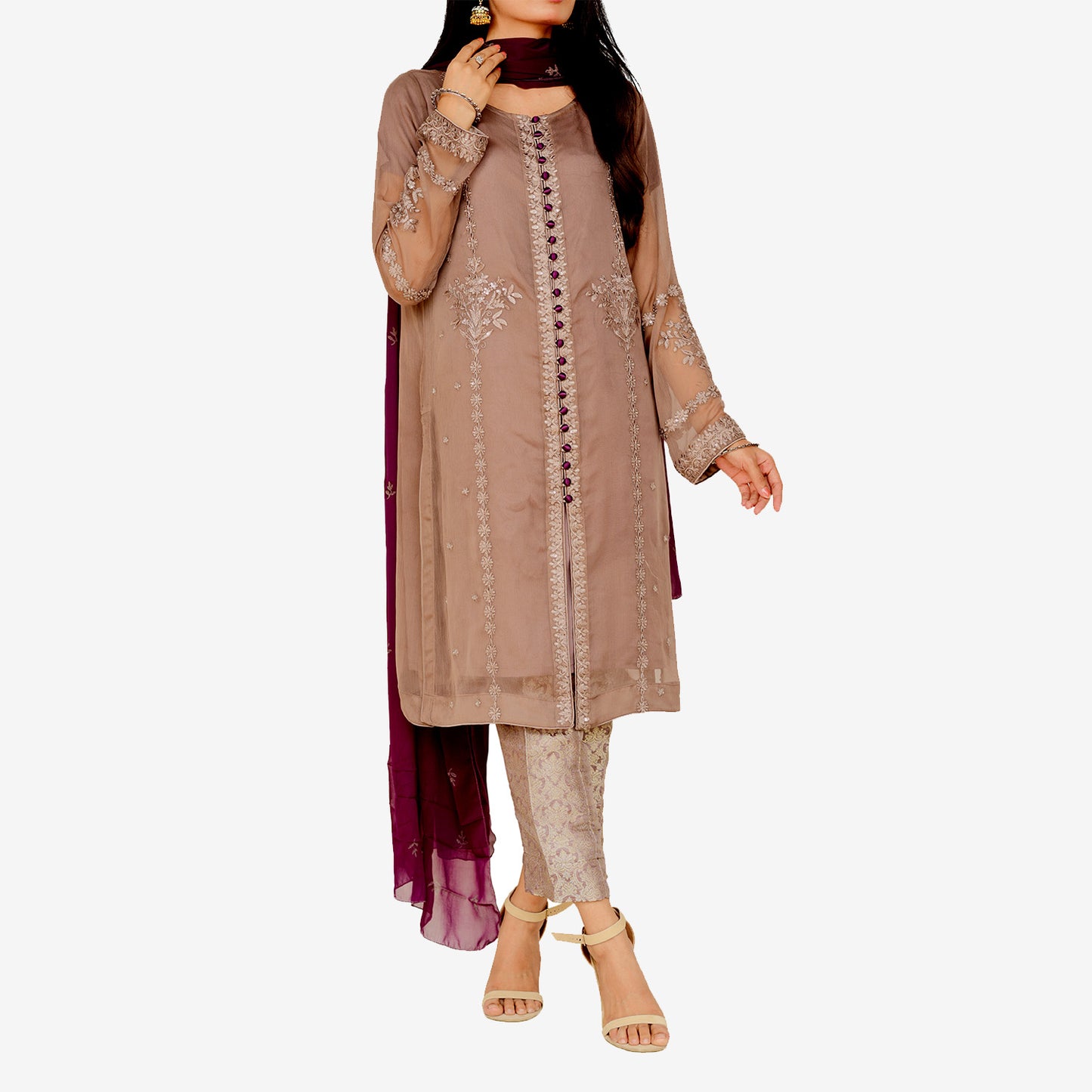 Embroidered Brown Chiffon Shirt with Contrast Screen Printed Dopatta and Jamawar Shalwar